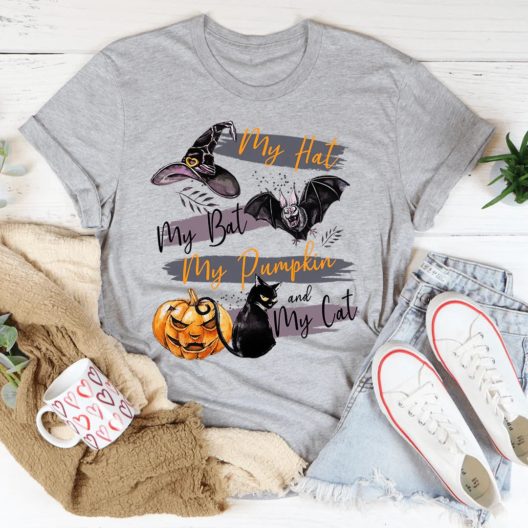 My Hat My Bat My Pumpkin And My Cat Tee - WonderingCloth