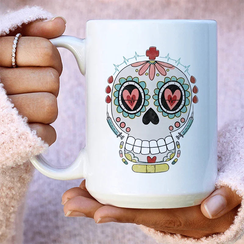 Nurse Sugar Skull Ceramic Mug 15 oz - WonderingCloth