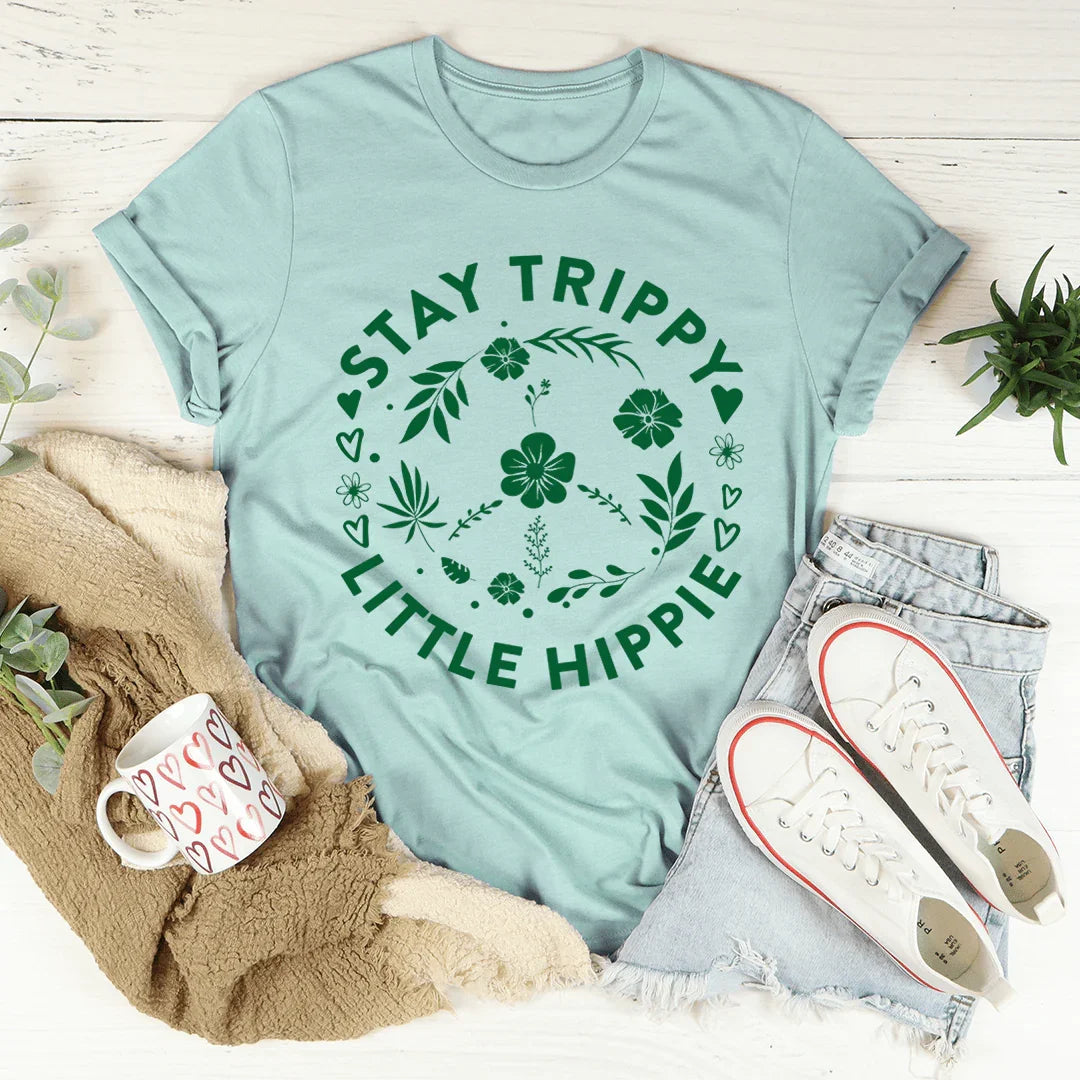 Stay Trippy Little Hippie Floral Peace Sign Tee - WonderingCloth