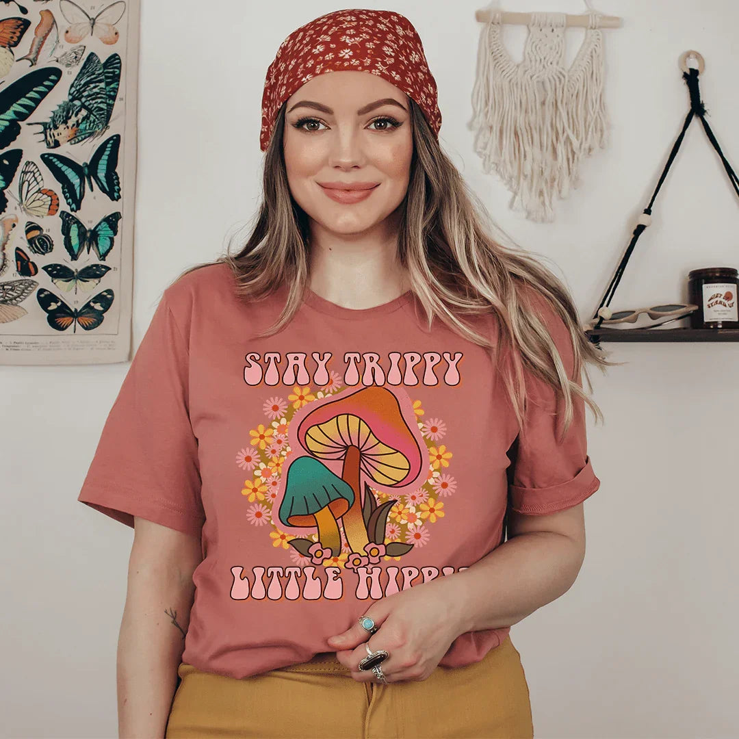 Stay Trippy Little Hippie Mushrooms Tee - WonderingCloth