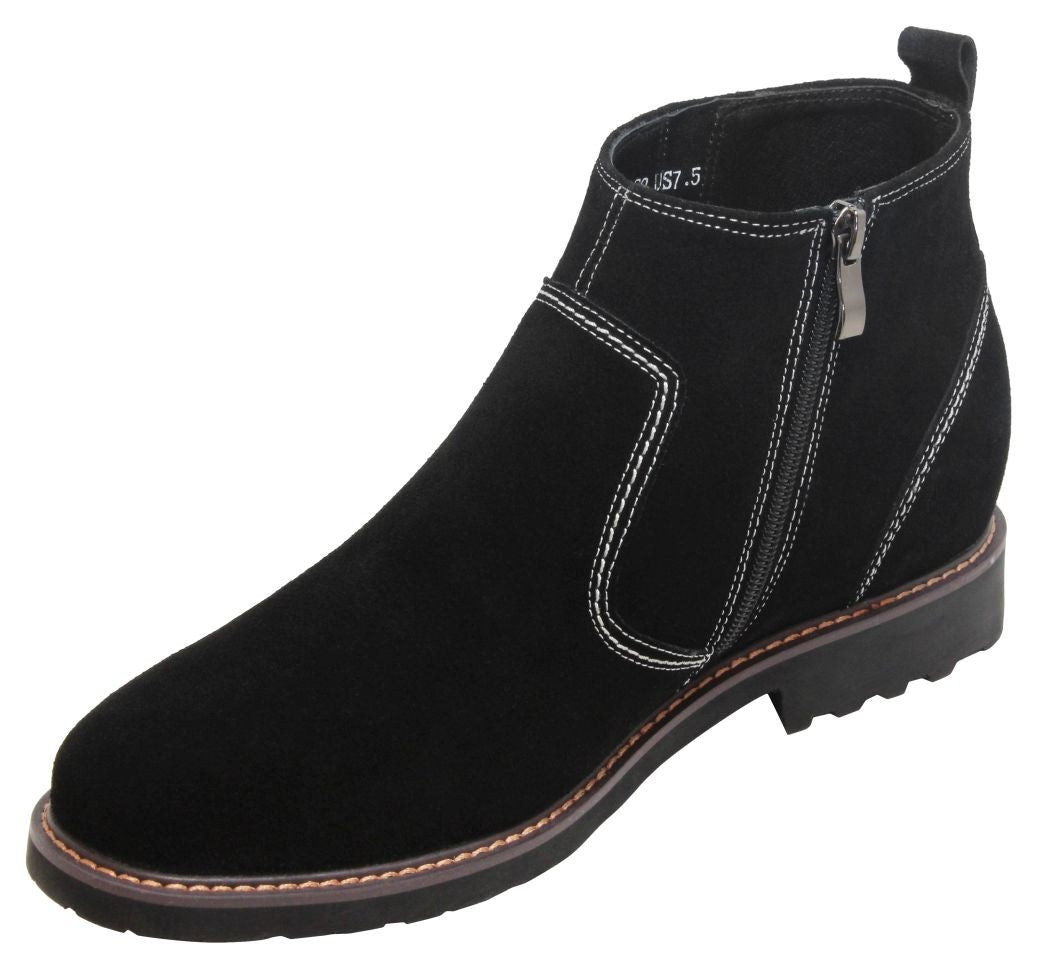 CALTO - Y41082 - 3.2 Inches Taller (Nubuck Black) - Zipper Boots - WonderingCloth